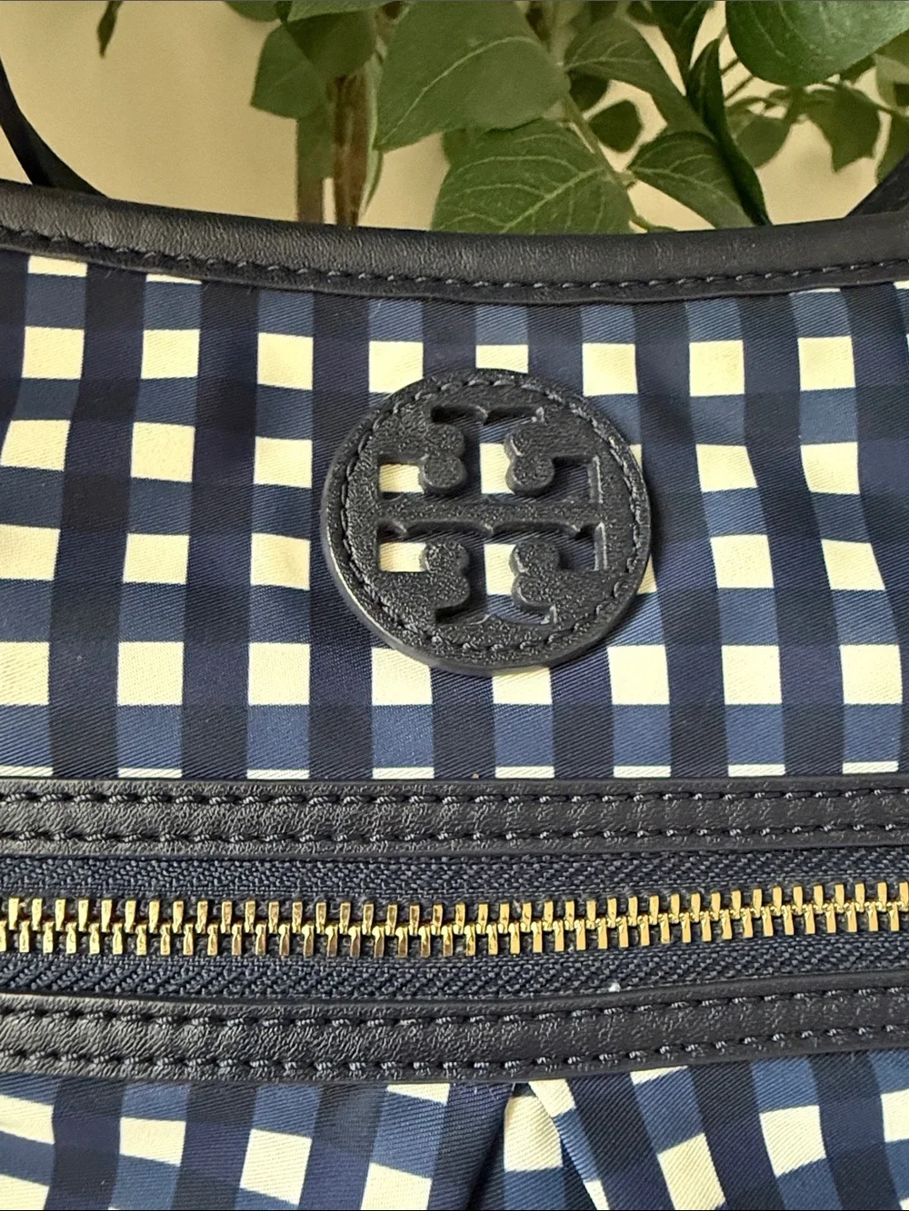 Tory Burch Navy and White Gingham Crossbody Bag